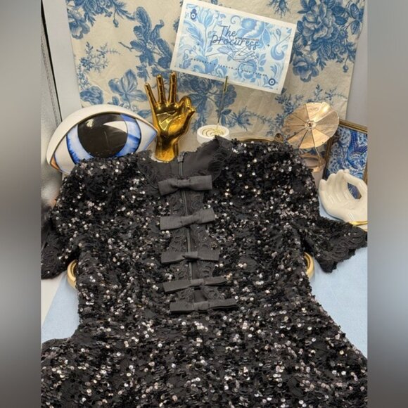 🆕 REBECCA VALLANCE 🧿 NWOT x Nicky Hilton Diana Black Bow Sequin Mini, Sz US 2 - Picture 12 of 16